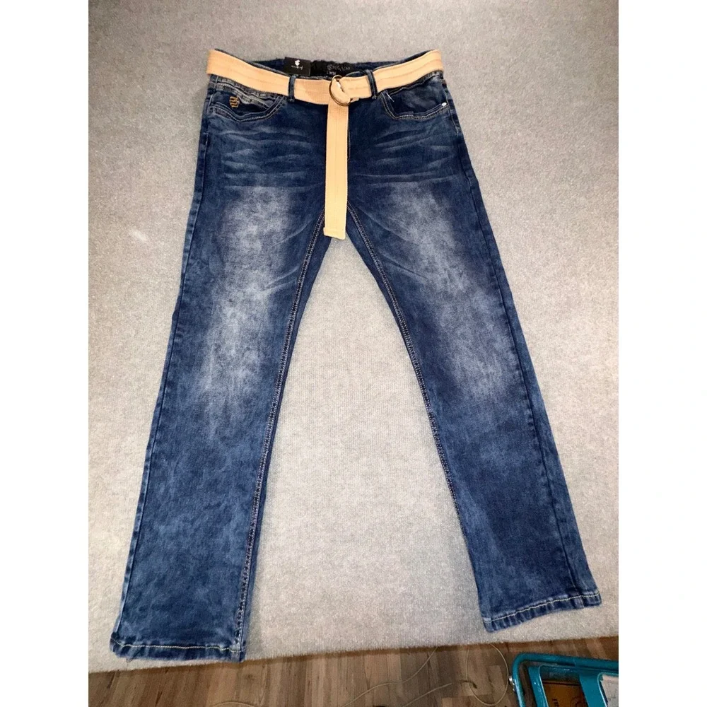 Rocawear Mens Flex Denim Slim Skinny Jeans Indigo Cloud W34 L30 With Belt RWJ009